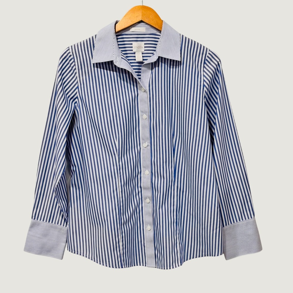Chico's Button Down Women XS Blue No-Iron Striped Long Sleeve Corporate Core Top